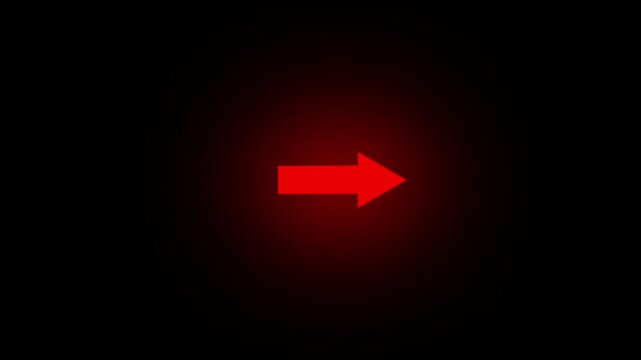 Red glowing 3D arrow pointing right side animation on black background, direction lighting concept