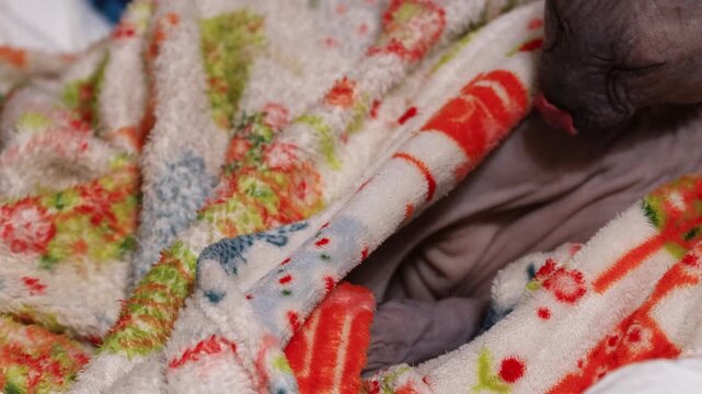 A sphy cat laying on top of a blanket, perfect for pet or home decor ry