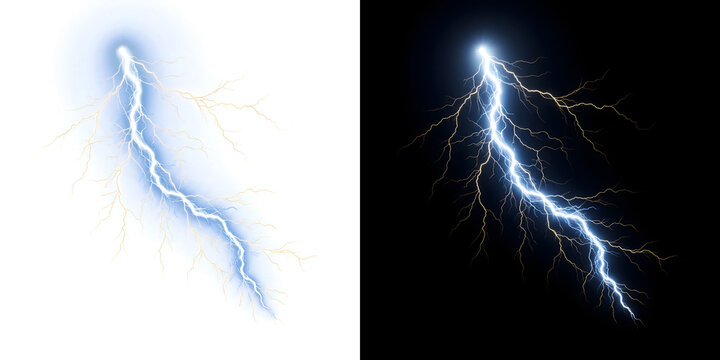 White lightning bolt strikes diagonally with intense branching light crackling through darkness perfect for design in PNG, Transparent and Black Background Versions