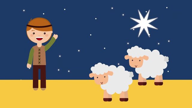 Cartoon shepherd boy standing with fluffy white sheep under bright twinkling star in night sky animation.