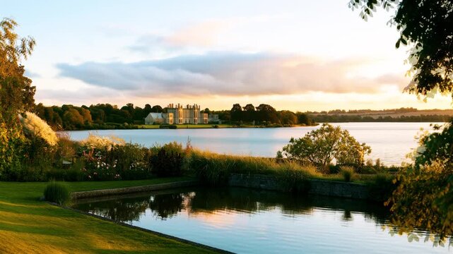 4K Seamless Animation of a Lakeside Country Estate with Manicured Garden, Reflective Water and Warm Golden-Hour Light