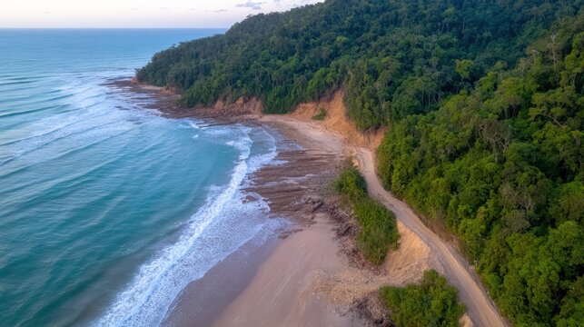 Aerial view of a serene beach bordered by lush green hills with gentle ocean waves lapping the shore