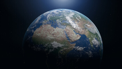 Fototapeta premium Earth viewed from space with sunlight illuminating Africa, Europe and Asia, clouds and city lights against a starry sky.