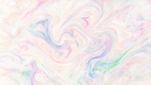 Colorful marble texture background. Liquid swirls, epoxy resin art. White, pink, blue and green pastel tones. Abstract, creative, artistic, candy or bubble gum concept. Blurred, space for design