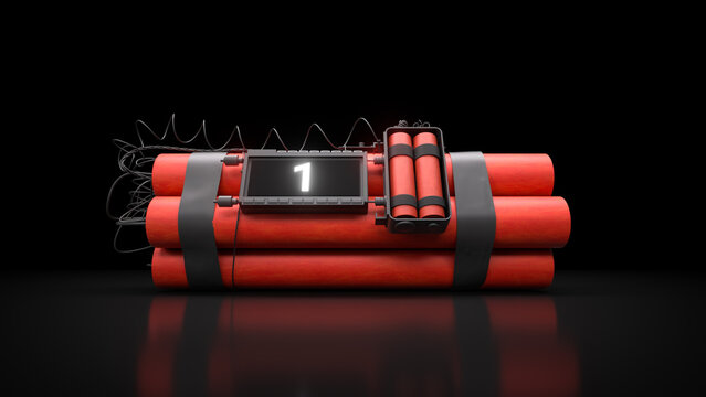 Digital timer displaying '1' on a bomb with red sticks, black wires and metal bands on a reflective black surface.