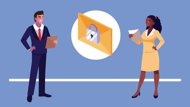 Business couple with email envelope and padlock security animation for data protection and cyber safety.