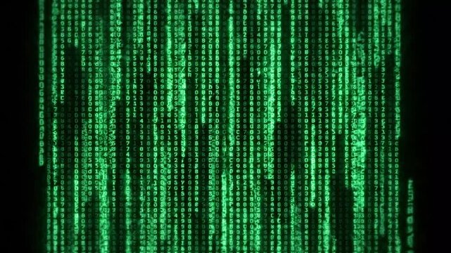 Digital matrix code with streaming green numbers and symbols on screen binary