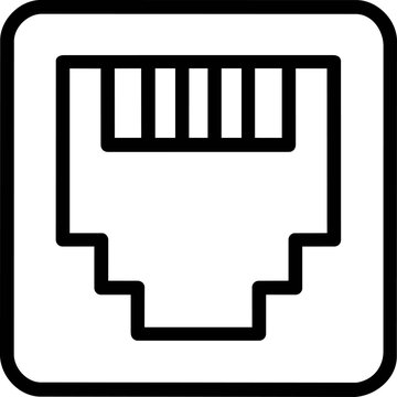 Black and white outline icon representing a local area network cable connector
