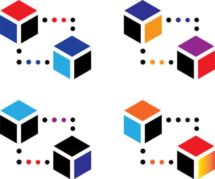 Colorful graphic cubes connected with dotted lines in a modern diagram layout