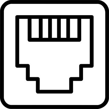 Black and white outline icon representing a local area network cable connector