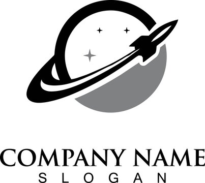 Rocket ship orbiting a planet with stars logo design template