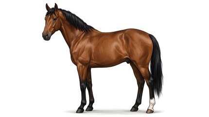 Obraz premium A beautiful bay horse standing in a full body profile view isolated against a clean white background for professional equestrian and animal photography projects