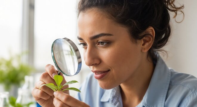 Young female scientist inspecting small plant sprout with magnifying glass indoors. Focused female scientist analyzes leaf structure in laboratory. Modern female scientist concept for school banner.