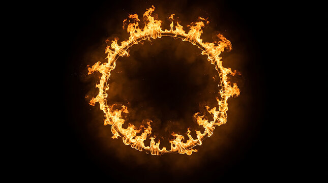 Fiery circle ring of glowing orange flames on pitch black background for design overlay.