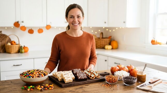Smiling woman presenting homemade Halloween treats in a bright kitchen. Festive baking with mummy rice krispies, spiderweb brownies, and candy