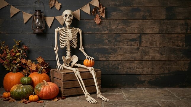 Halloween skeleton prop sitting on wooden crate with pumpkins. Rustic fall decoration with skull, vintage lantern, and autumn leaves against dark wood wall