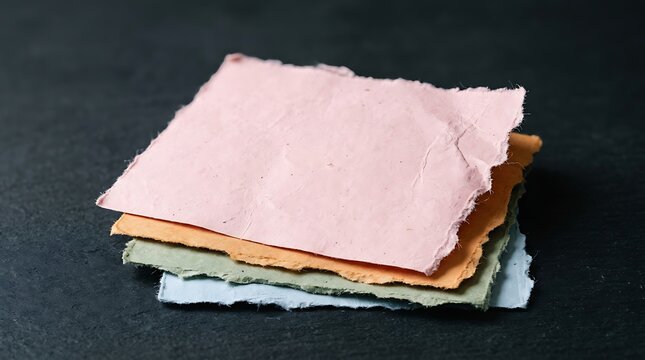 A stack of colorful handmade paper sheets with torn edges on a black background.