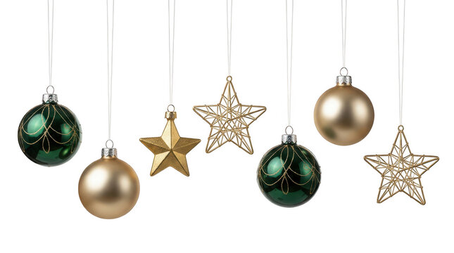 Hanging gold and green christmas ornaments and star shapes isolated on transparent background