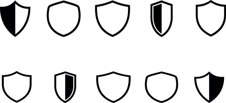 Set of ten simple shield icons with various black and white fill patterns for security and protection concepts