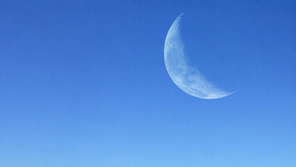Detailed 4K crescent moon visible in a clear blue daytime sky with copy space. © TF_studios