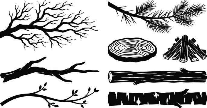 Tree Branch and Wood Logs Icon Set Featuring Pine Needles Bare Twigs and Cut Timber Silhouettes