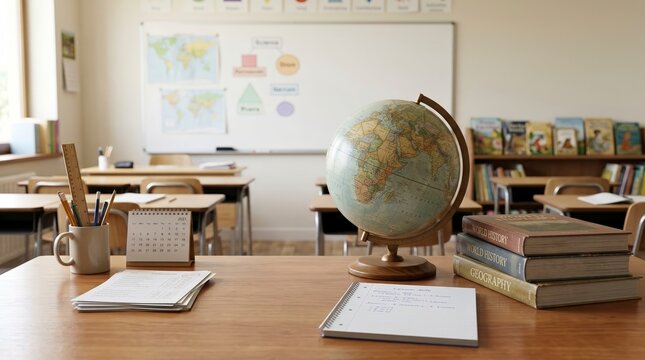 Globe and textbooks on a wooden teacher desk in an empty classroom. School classroom background with educational supplies