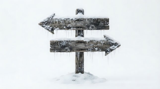 Old rustic wooden directional sign post with two arrows covered in fresh white winter snow during a cold day
