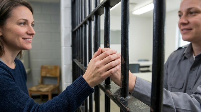 Two women holding hands and smiling through metal prison bars. Concept of connection, support, and hope during a jail visit