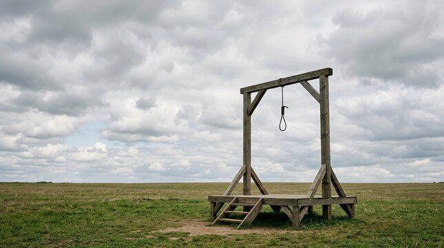 Empty wooden gallows with a hanging noose in a green field. Historical execution scaffold against a dramatic cloudy sky. Copy space for text