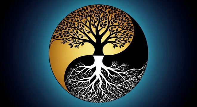 Sacred Tree of Life icon in Yin Yang circle with metallic gold background and white webbed roots