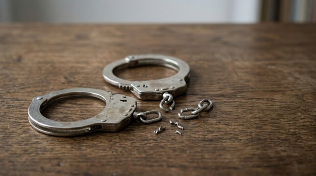 Broken metal handcuffs on a wooden table. Close up of a snapped chain between silver cuffs. Freedom and escape from prison concept