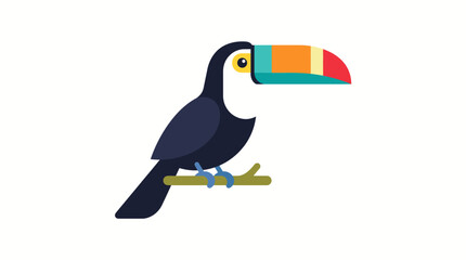 Naklejka premium Playful cartoon toucan with a colorful rainbow beak perched on a clean vector illustration for kids and nature themes