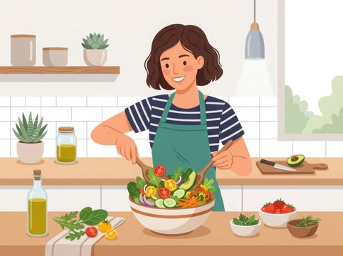 Woman preparing fresh salad in kitchen