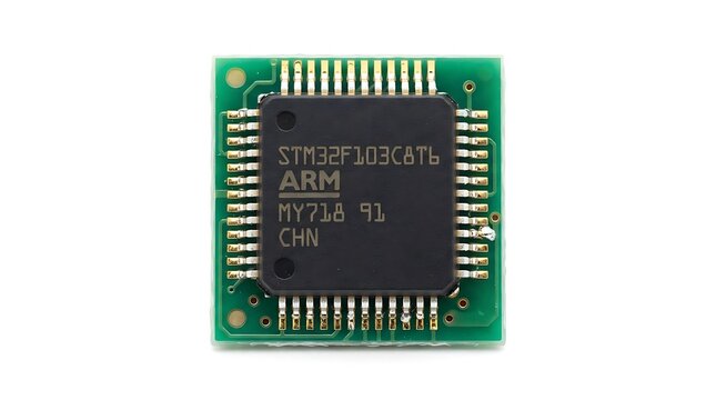 A small square electronic microchip processor unit with metal pins mounted on a green computer circuit board