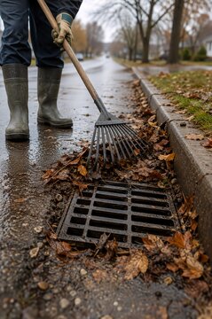 Man raking wet autumn leaves near storm drain grate on rainy street. Fall yard cleanup and drainage maintenance before winter. Seasonal garden work concept.
