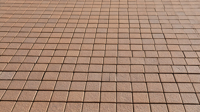 A detailed close-up shot of a modern interlocking brick paver stone pathway with a clean grid pattern and warm brown terracotta color tones