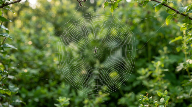 Intincada telara&ntilde;a sim&eacute;trica con una ara&ntilde;a en el centro, suspendida entre frondosas ramas y hojas verdes de un bosque h&uacute;medo.