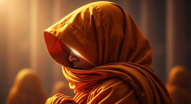 Detailed macro image of a monk enveloped in brilliant orange cloth with dust motes dancing in a ray of light