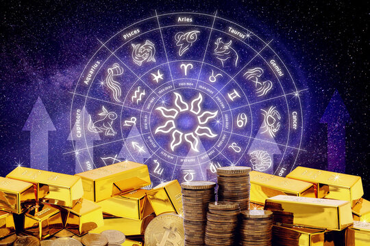 Role of astrology in financial sphere. Gold bars and coins against starry sky with zodiac wheel