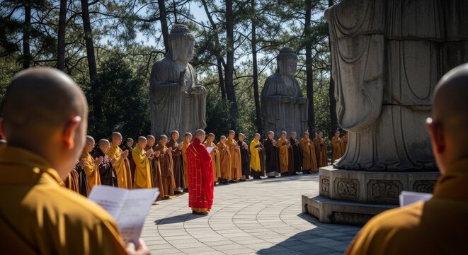 Solemn outdoor Buddhist gathering with a curved line of monks and devotees in prayer