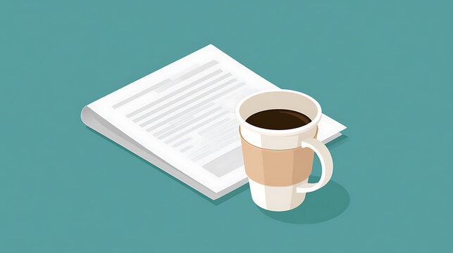 Isometric vector illustration of office desk setup featuring a white coffee cup filled with dark hot drink beside white document paper