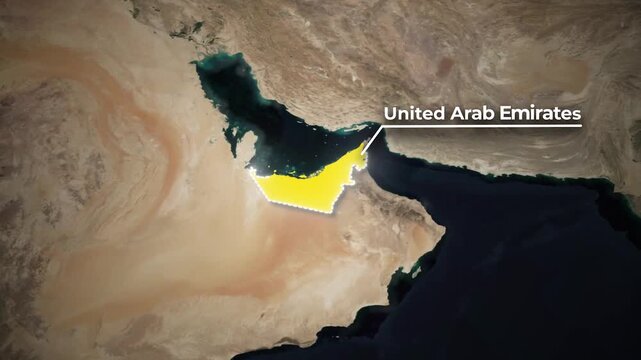 UAE Map Animation with Seven Emirates Highlights on Satellite Background
