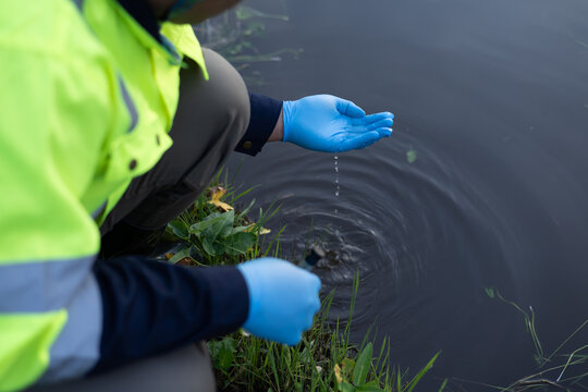 Environmental field worker inspecting water for pollution and contamination in a natural waterway.