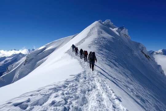 Mountaineers ascend a snow-covered peak under clear blue skies in the early morning light