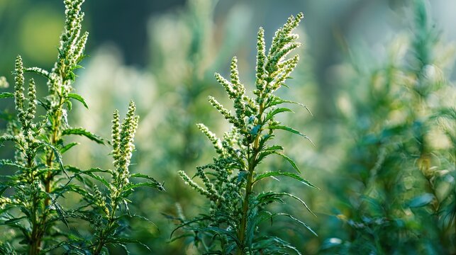 green wild plants with flowers in soft morning sunlight