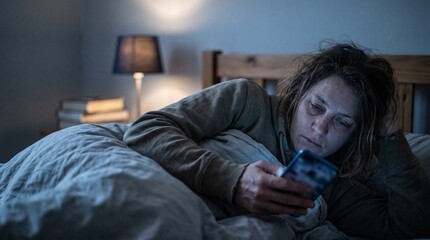 Fototapeta premium Woman scrolling on smartphone in bed at night, insomnia and blue light screen addiction.