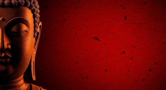 Close up of a stone Buddha statue with closed eyes and peaceful expression against a vibrant red textured background