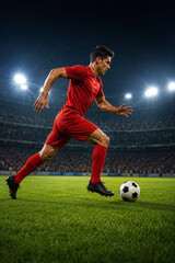 Fototapeta premium Professional soccer player in red uniform sprinting and dribbling ball on grass field in a large stadium under bright floodlights during a competitive night match action shot