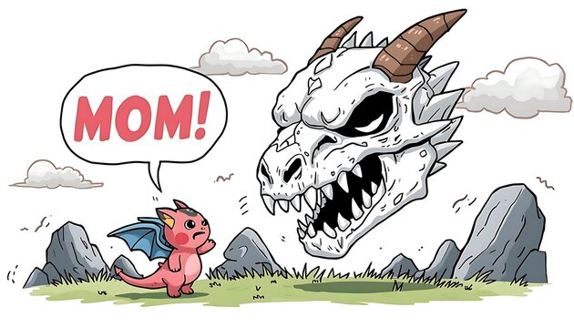 Cartoon illustration of small pink dragon with blue wings standing on grassy ground among rocks and clouds, looking up at large white dragon skull with brown horns and sharp teeth, speech bubble MOM