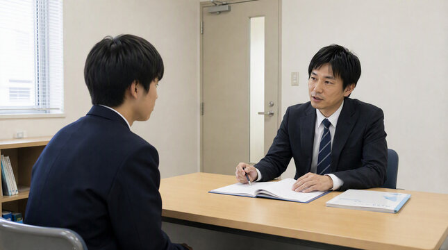 相談室で生徒の相談に対応している男性カウンセラー　生徒指導、進路指導のイメージ